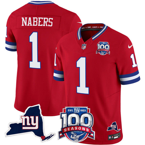 Mens New York Giants #1 Malik Nabers Red 2024 FUSE 100th Season And State Patch Vapor Limited Stitched Football Jersey