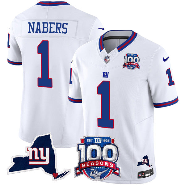 Mens New York Giants #1 Malik Nabers White 2024 FUSE 100th Season And State Patch Vapor Limited Stitched Football Jersey