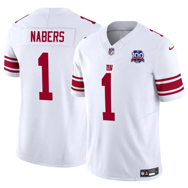 Mens New York Giants #1 Malik Nabers White 2024 Draft FUSE 100TH Season Patch Vapor Untouchable Limited Stitched Jersey