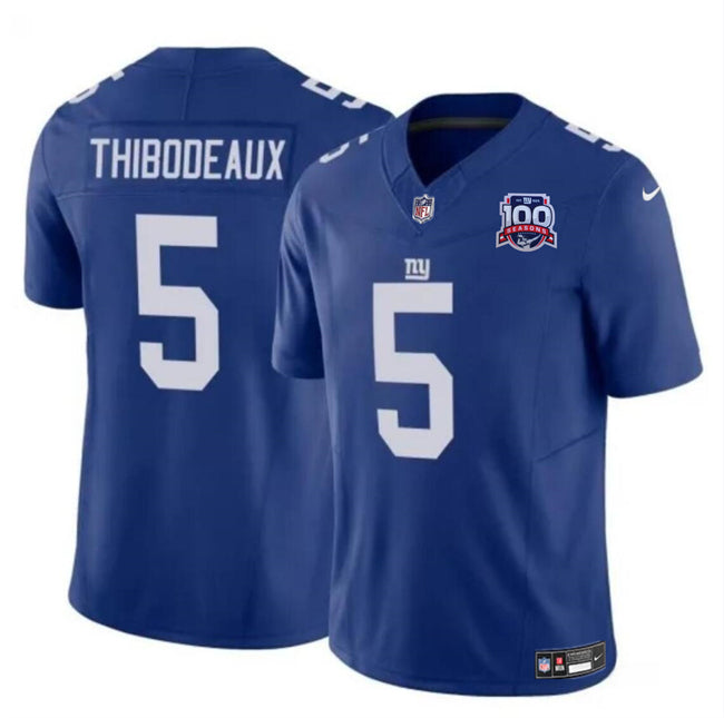Mens New York Giants #5 Kayvon Thibodeaux Blue 2024 FUSE 100TH Season Patch Vapor Untouchable Limited Stitched Jersey