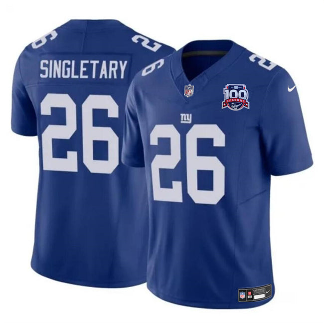 Mens New York Giants #26 Devin Singletary Blue 2024 FUSE 100TH Season Patch Vapor Untouchable Limited Stitched Jersey