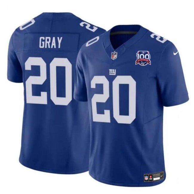 Mens New York Giants #20 Eric Gray Blue 2024 FUSE 100TH Season Patch Vapor Untouchable Limited Stitched Jersey