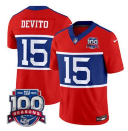 Mens New York Giants #15 Tommy DeVito Century Red FUSE 100TH Season Commemorative Patch Limited Stitched Football Jersey
