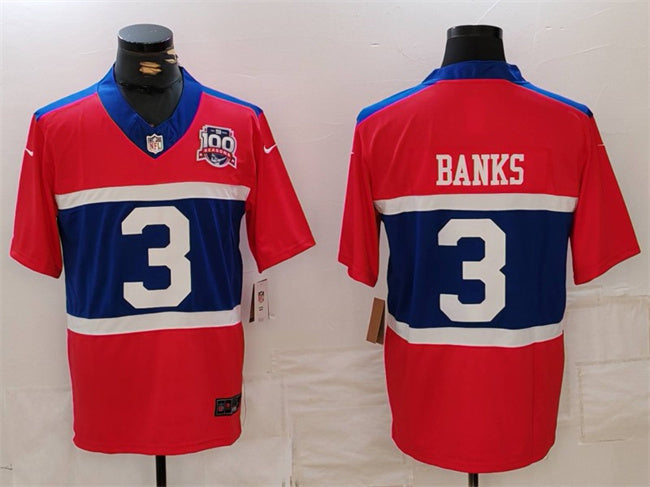 Mens New York Giants #3 Deonte Banks Century Red FUSE 100TH Season Commemorative Patch Limited Stitched Football Jersey
