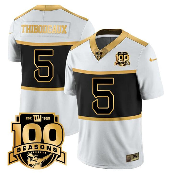Mens New York Giants #5 Kayvon Thibodeaux White Gold FUSE 100TH Season Commemorative Patch Limited Stitched Football Jersey