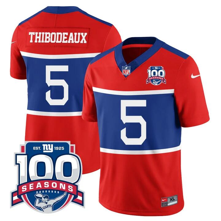 Mens New York Giants #5 Kayvon Thibodeaux Century Red FUSE 100TH Season Commemorative Patch Limited Stitched Football Jersey