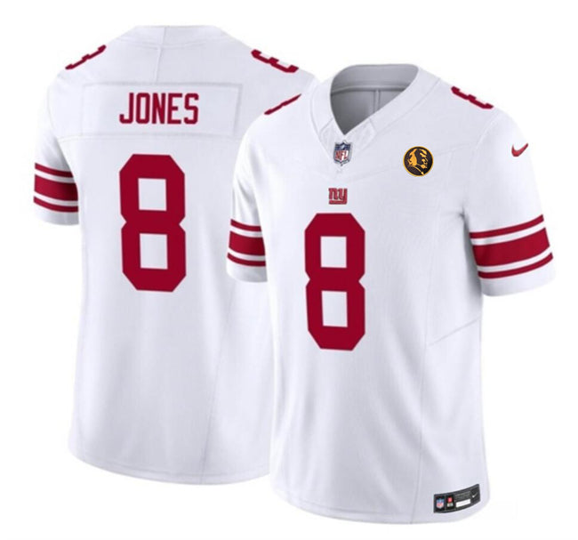 Mens New York Giants #8 Daniel Jones White 2023 FUSE With John Madden Patch Vapor Limited Stitched Football Jersey