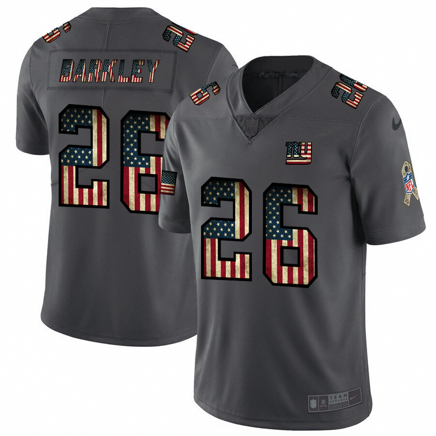 Mens New York Giants #26 Saquon Barkley Grey 2019 Salute To Service USA Flag Fashion Limited Stitched NFL Jersey