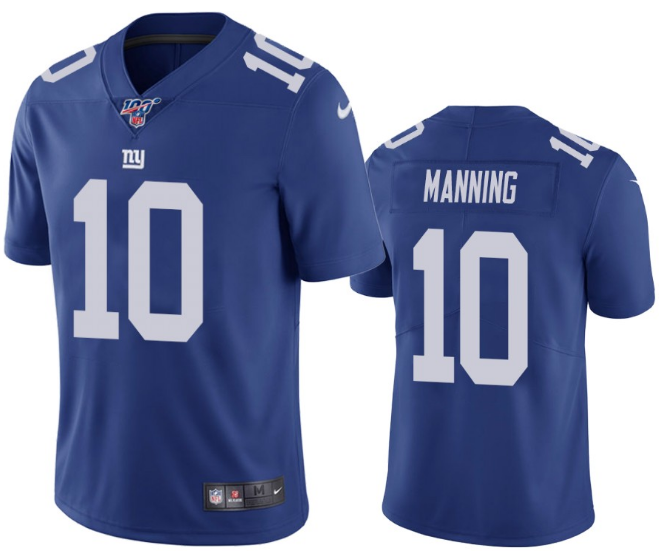 Mens New York Giants #10 Eli Manning Blue 2019 100th Season Vapor Untouchable Limited Stitched NFL Jersey