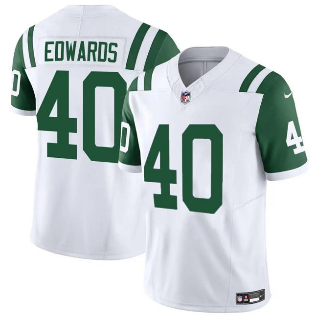 Mens New York Jets #40 Donovan Edwards White 2025 FUSE Classic Alternate Vapor Untouchable Limited Stitched Jersey