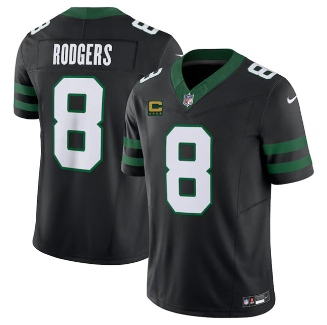 Mens New York Jets #8 Aaron Rodgers Black 2024 FUSE With 4-Star C Patch Vapor Limited Stitched Jersey