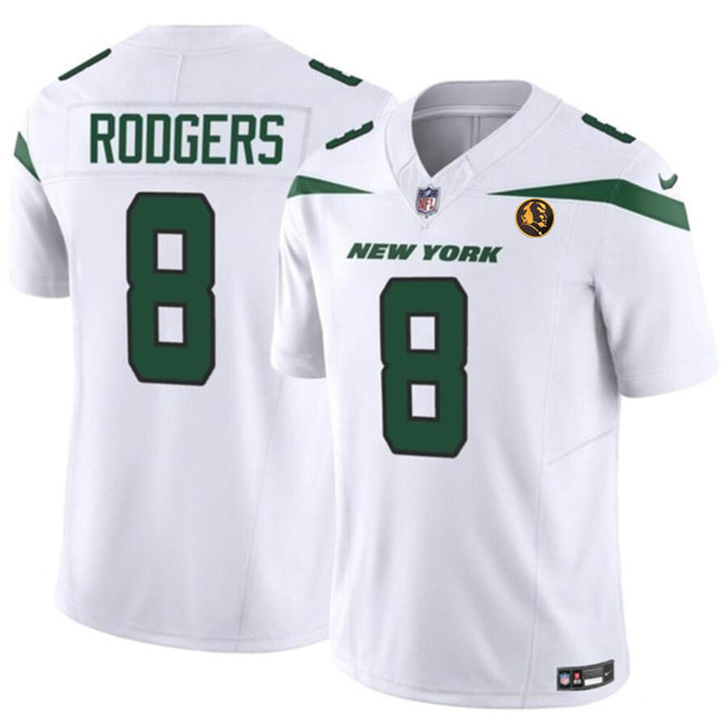 Mens New York Jets #8 Aaron Rodgers White 2023 FUSE With John Madden Patch Vapor Limited Stitched Football Jersey