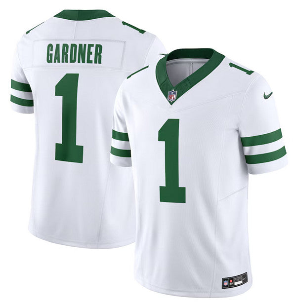 Mens New York Jets #1 Ahmad Sauce Gardner White 2023 FUSE Vapor Limited Throwback Stitched Football Jersey