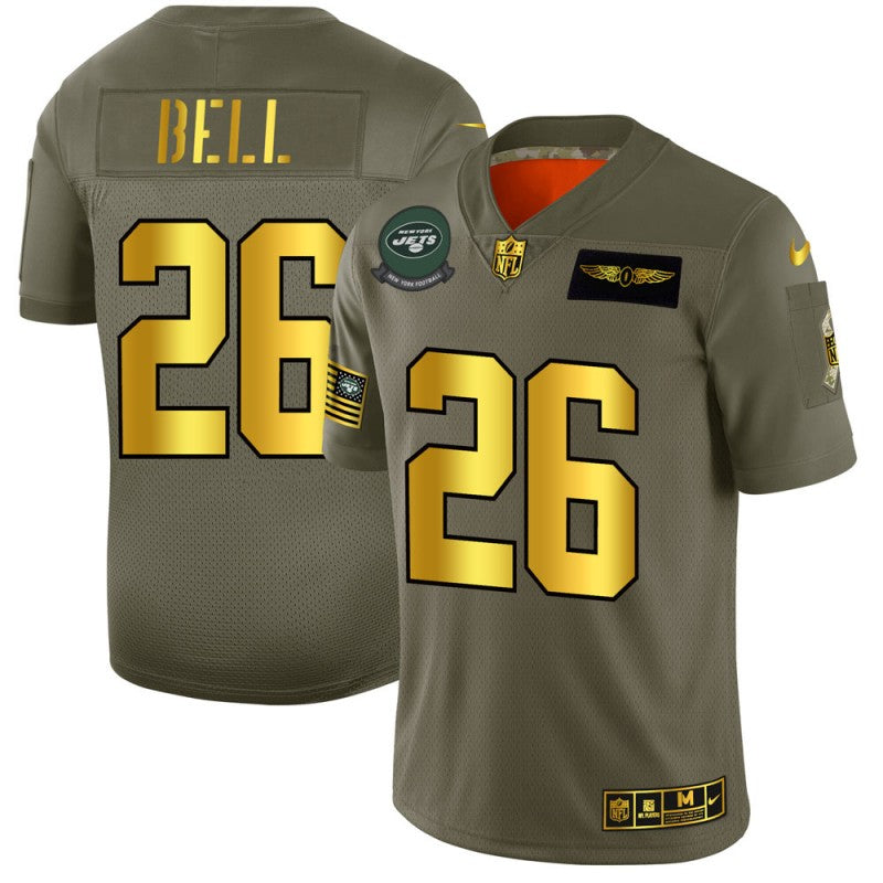 Mens New York Jets #26 LeVeon Bell 2019 Olive/Gold Salute To Service Limited Stitched NFL Jersey