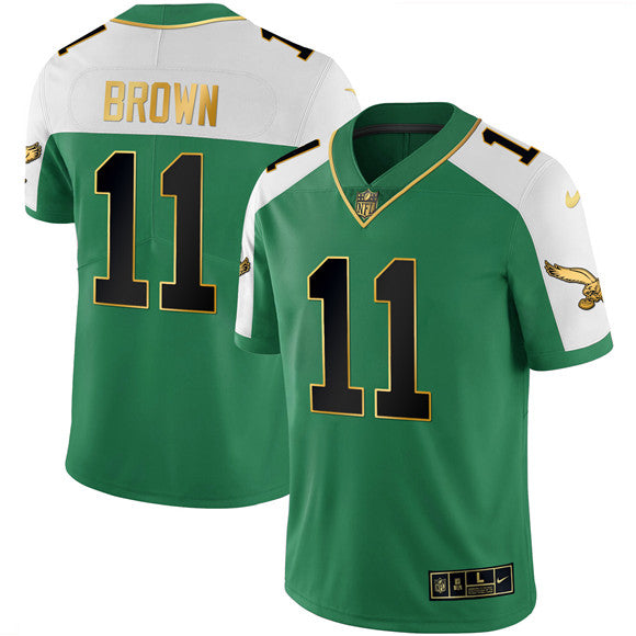 Mens Philadelphia Eagles #11 AJ Brown Kelly Green Alternate Gold Stitched Football Jersey