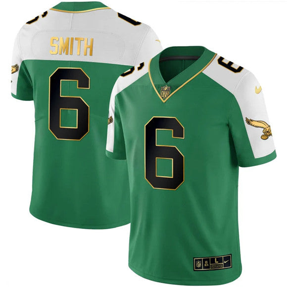 Mens Philadelphia Eagles #6 DeVonta Smith Kelly Green Alternate Gold Stitched Football Jersey