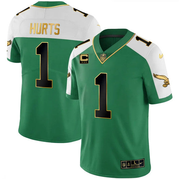 Mens Philadelphia Eagles #1 Jalen Hurts Kelly Green Alternate Gold With 3-Star C Patch Stitched Football Jersey