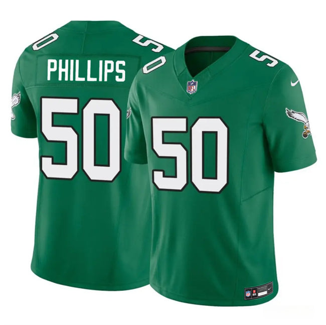 Mens Philadelphia Eagles #50 Jaelan Phillips Kelly Green 2025 FUSE Vapor Untouchable Limited Throwback Stitched Football Jersey