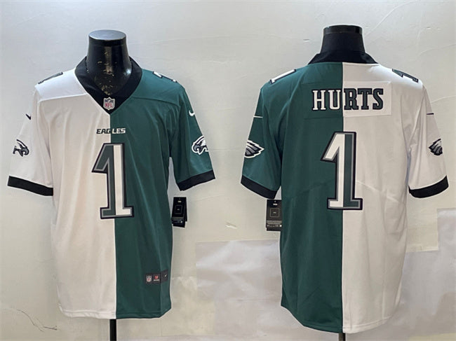 Mens Philadelphia Eagles #1 Jalen Hurts White Green Split Vapor Untouchable Limited Stitched Football Jersey