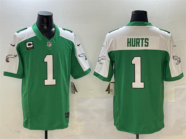 Mens Philadelphia Eagles #1 Jalen Hurts Green/White FUSE 4-Star C Patch Vapor Untouchable Limited Stitched Football Jersey