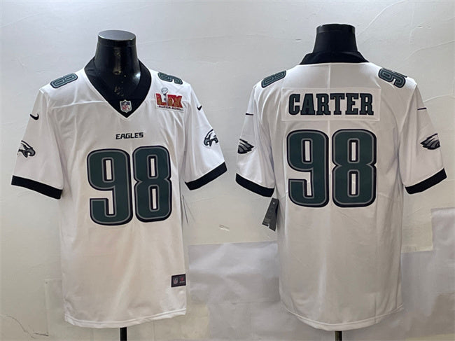 Mens Philadelphia Eagles #98 Jalen Carter White 2025 Super Bowl LIX Patch New Vapor Untouchable Limited Stitched Football Jersey