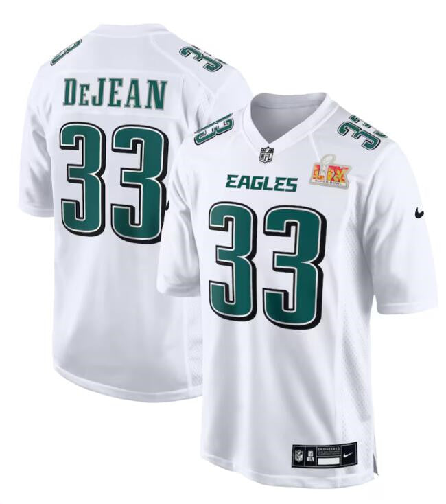 Mens Philadelphia Eagles #33 Cooper DeJean White 2025 Super Bowl LIX Patch Fashion Football Stitched Game Jersey
