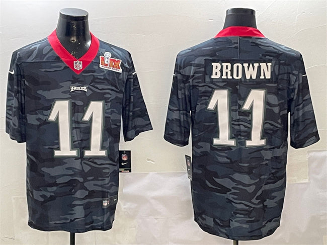 Mens Philadelphia Eagles #11 A J Brown Black 2025 Super Bowl LIX Patch Camo Vapor Untouchable Limited Stitched Football Jersey