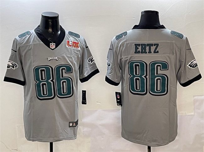 Mens Philadelphia Eagles #86 Zach Ertz Grey 2025 Super Bowl LIX Patch Vapor Untouchable Limited Stitched Football Jersey