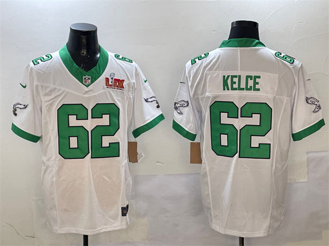Mens Philadelphia Eagles #62 Jason Kelce White 2025 Super Bowl LIX Patch FUSE Vapor Untouchable Limited Stitched Football Jersey