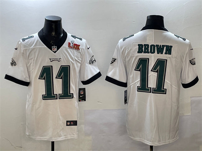 Mens Philadelphia Eagles #11 AJ Brown White 2025 Super Bowl LIX Patch Vapor Untouchable Limited Stitched Football Jersey