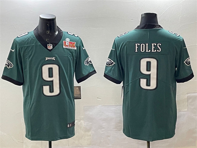 Mens Philadelphia Eagles #9 Nick Foles Green 2025 Super Bowl LIX Patch Vapor Untouchable Limited Stitched Football Jersey
