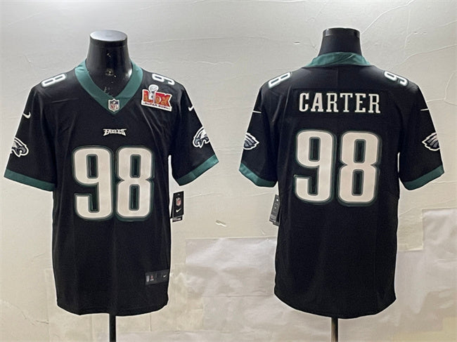Mens Philadelphia Eagles #98 Jalen Carter Black 2025 Super Bowl LIX Patch Vapor Untouchable Limited Stitched Football Jersey