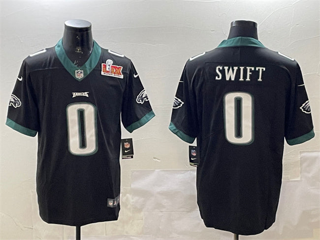 Mens Philadelphia Eagles #0 DAndre Swift Black 2025 Super Bowl LIX Patch Vapor Untouchable Limited Stitched Football Jersey