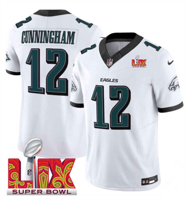 Mens Philadelphia Eagles #12 Randall Cunningham White 2025 Super Bowl LIX Patch New FUSE Vapor Limited Stitched Football Jersey