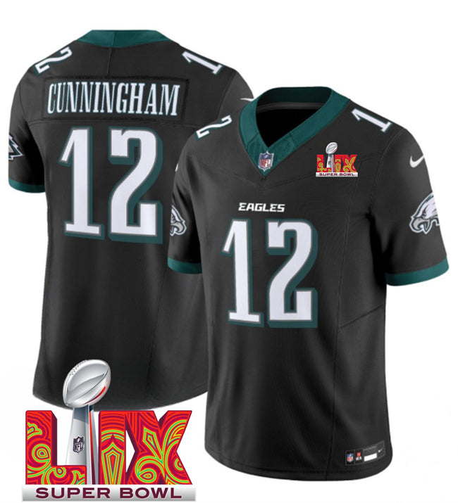 Mens Philadelphia Eagles #12 Randall Cunningham Black 2025 Super Bowl LIX Patch New FUSE Vapor Limited Stitched Football Jersey
