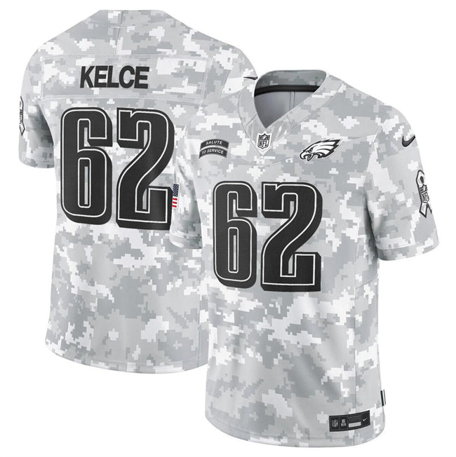 Mens Philadelphia Eagles #62 Jason Kelce 2024 FUSE Arctic Camo Salute to Service Limited Stitched Football Jersey