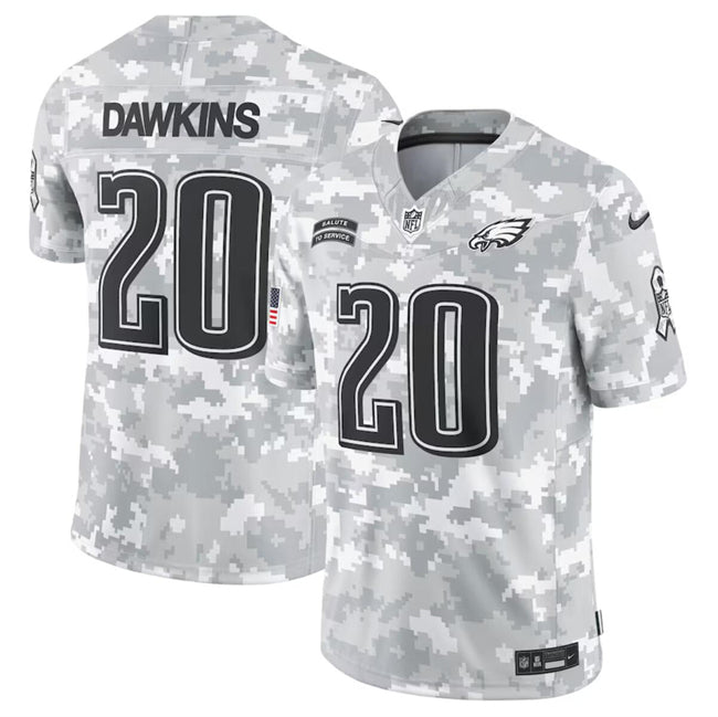 Mens Philadelphia Eagles #20 Brian Dawkins 2024 FUSE Arctic Camo Salute to Service Limited Stitched Football Jersey