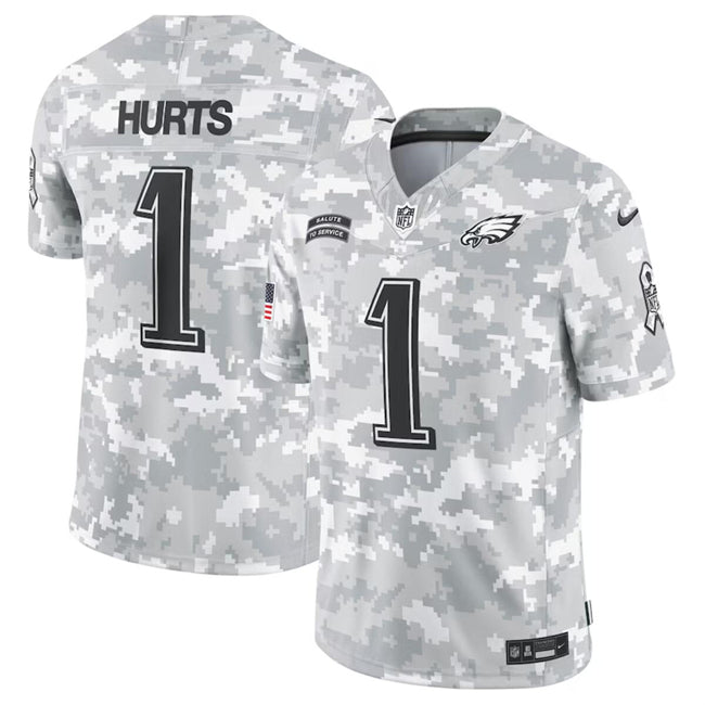 Mens Philadelphia Eagles #1 Jalen Hurts 2024 FUSE Arctic Camo Salute to Service Limited Stitched Football Jersey