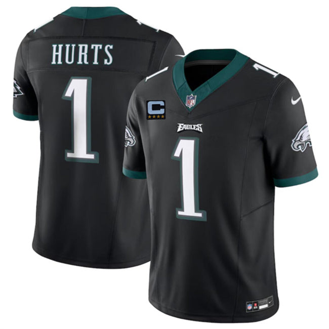 Mens Philadelphia Eagles #1 Jalen Hurts Black 2024 FUSE With 4-Star C Patch Vapor Untouchable Limited Stitched Football Jersey