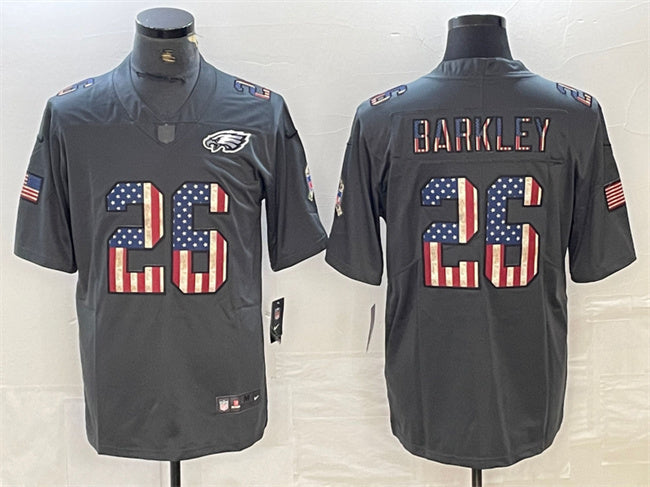 Mens Philadelphia Eagles #26 Saquon Barkley Grey Salute To Service USA Flag Fashion Limited Stitched Jersey
