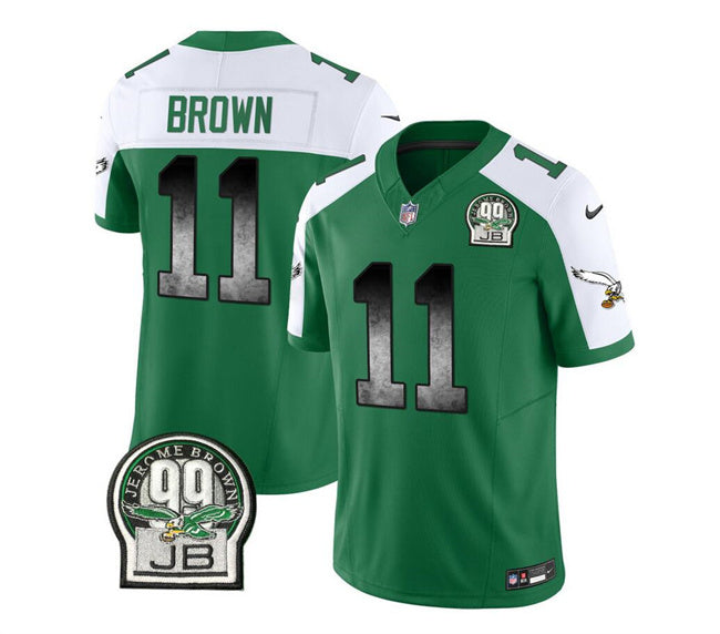 Mens Philadelphia Eagles #11 A J Brown Green/White 2023 FUSE Throwback Vapor Untouchable Limited Stitched Football Jersey