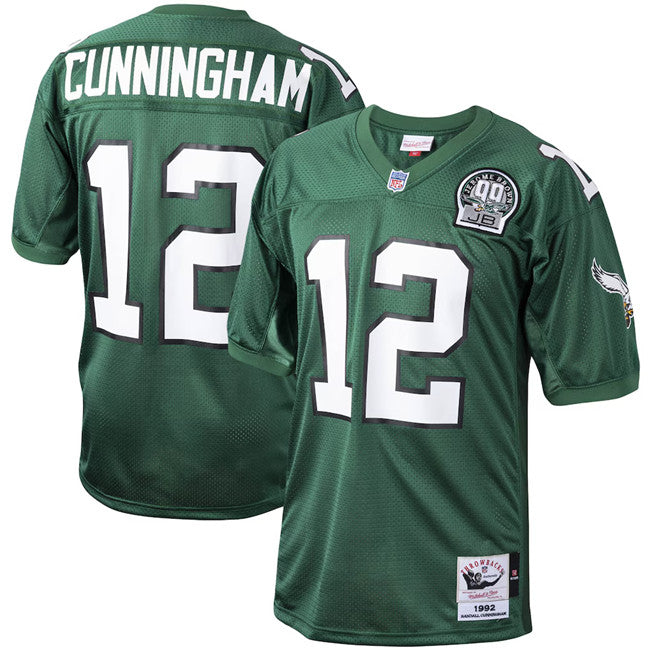 Mens Philadelphia Eagles #12 Randall Cunningham Kelly Green 1992 Throwback Stitched Football Jersey
