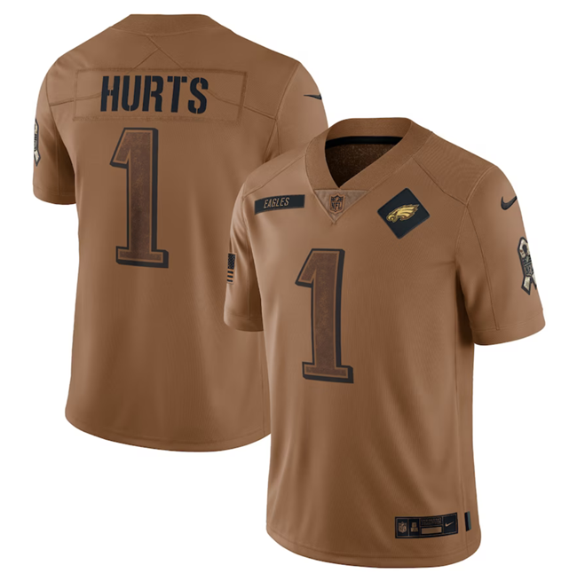 Mens Philadelphia Eagles #1 Jalen Hurts 2023 Brown Salute To Service Limited Stitched Football Jersey