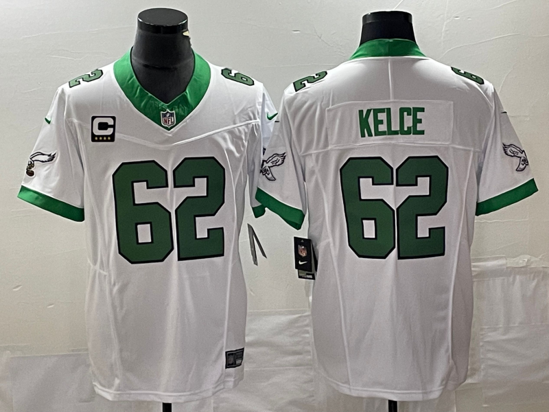 Mens Philadelphia Eagles #62 Jason Kelce White 2023 FUSE With 4-star C Patch Vapor Untouchable Stitched Football Jersey