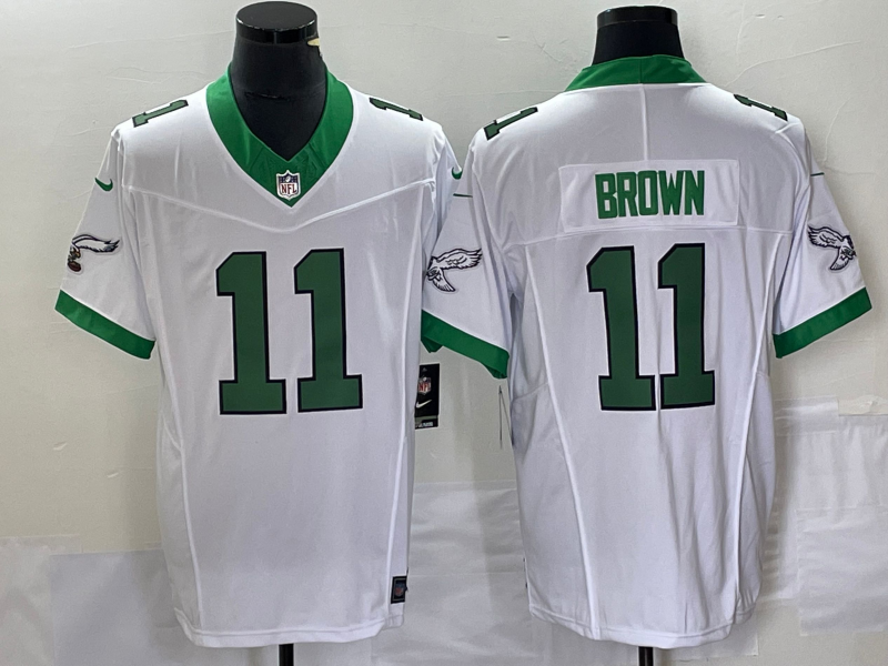 Mens Philadelphia Eagles #11 A J Brown White 2023 FUSE Vapor Untouchable Stitched Football Jersey