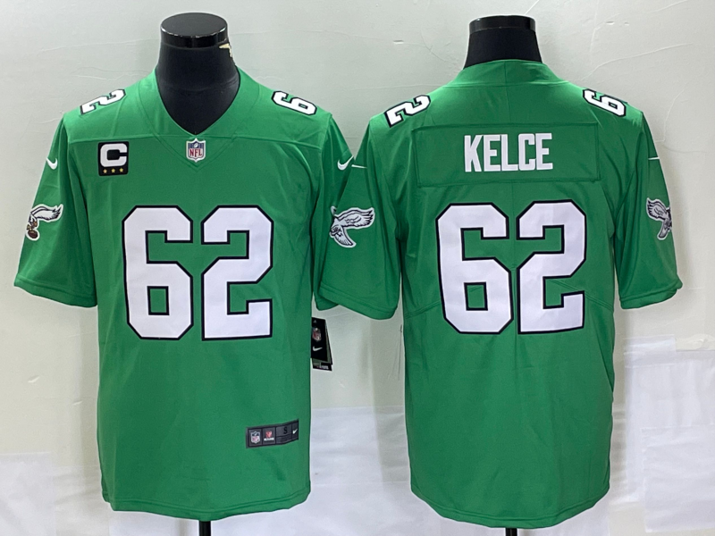 Mens Philadelphia Eagles #62 Jason Kelce Green Vapor Limited With 3-star C Patch Stitched Football Jersey