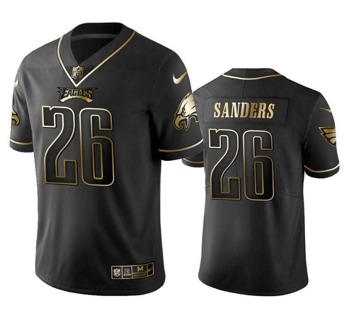 Mens Philadelphia Eagles #26 Miles Sanders Black Golden Edition Stitched Football Jersey