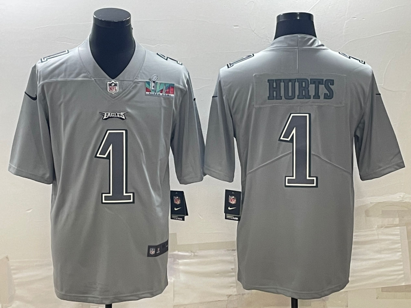 Mens Philadelphia Eagles #1 Jalen Hurts Gray Super Bowl LVII Patch Atmosphere Fashion Stitched Jersey