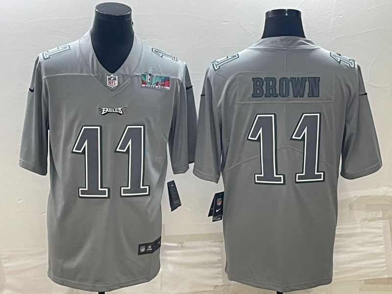 Mens Philadelphia Eagles #11 AJ Brown Gray Super Bowl LVII Patch Atmosphere Fashion Stitched Jersey