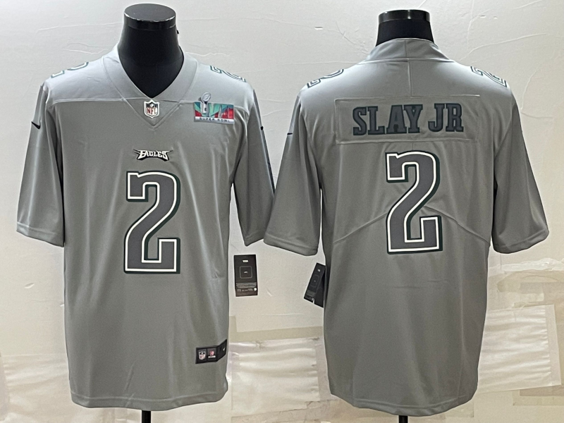 Mens Philadelphia Eagles #2 Darius Slay JR Gray Super Bowl LVII Patch Atmosphere Fashion Stitched Jersey